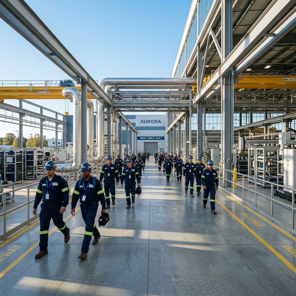 Shift workers in a pristine open-air transit zone inside a highly modern manufacturing complex