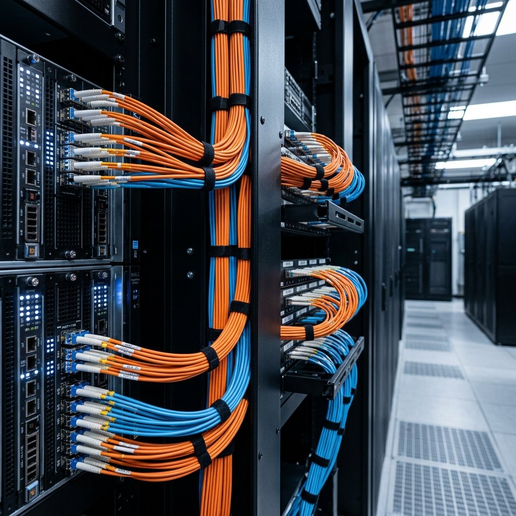 High-resolution macro photograph of pristine server rack network cabling inside a Tier-IV data center
