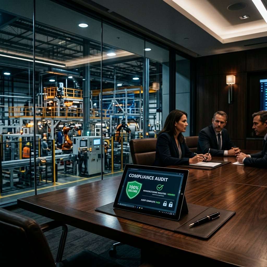Sleek corporate boardroom table overlooking an active manufacturing plant