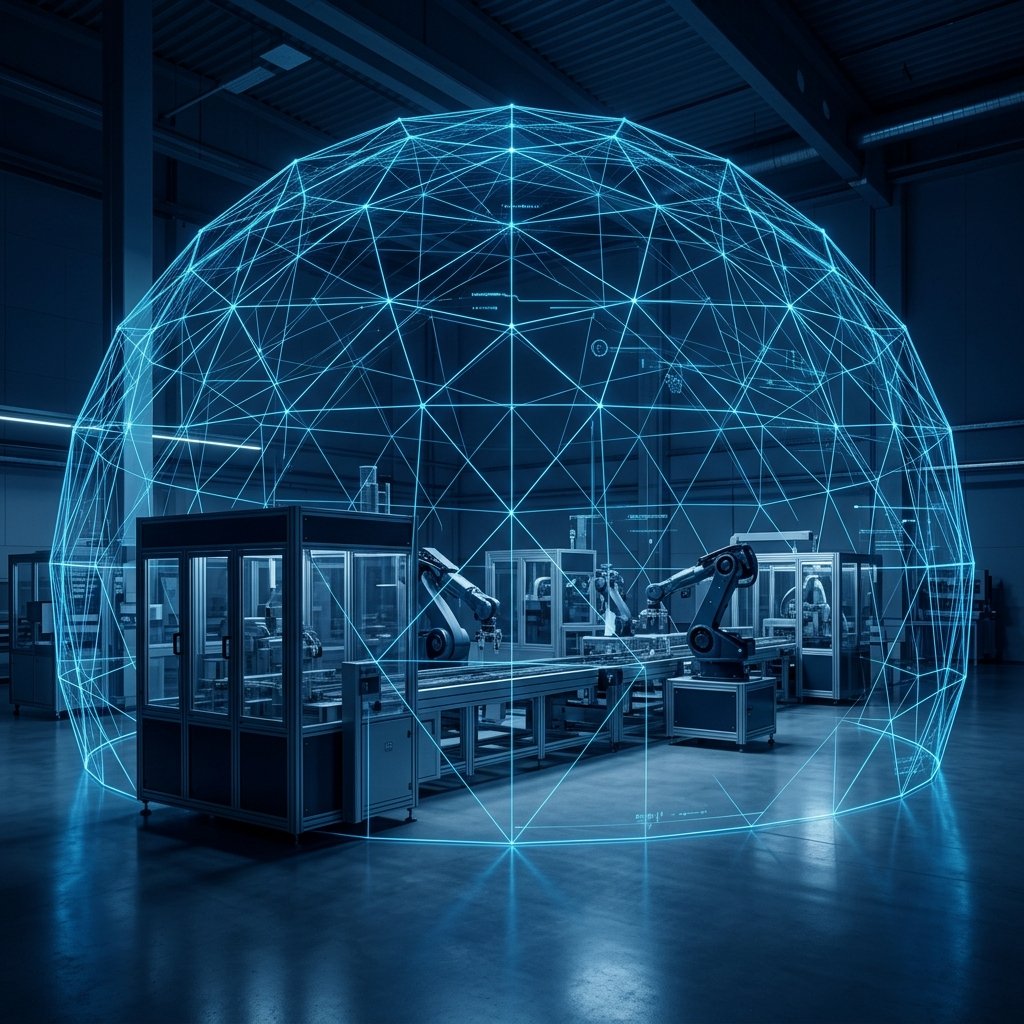 A high-tech blue vector grid forming an impenetrable dome over clean industrial machinery
